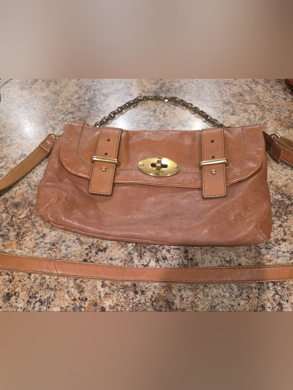 Fossil Leather Chain-Handle Shoulder Bag in Tan